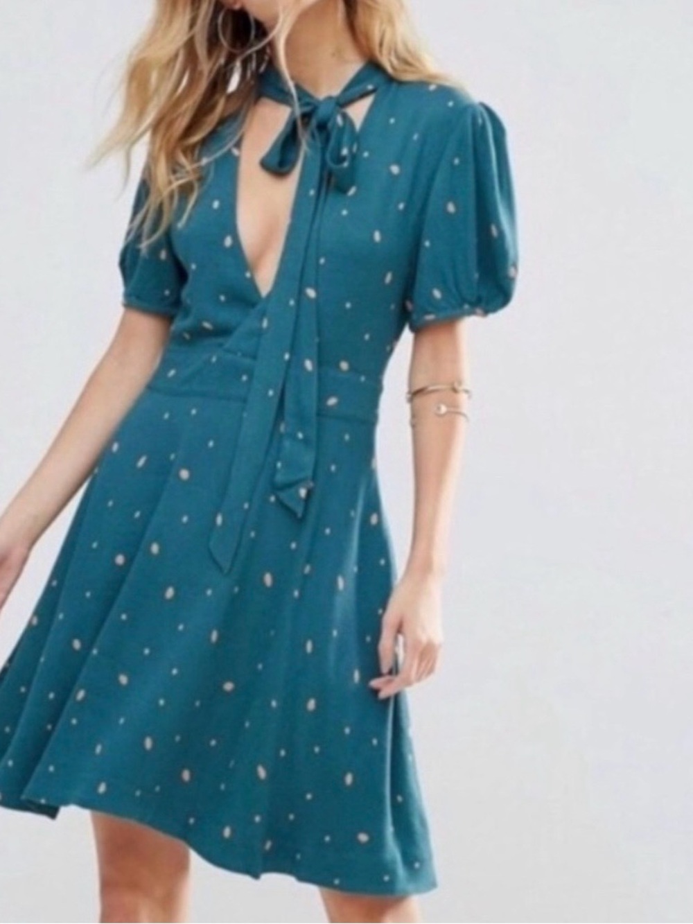 Free People Teal Polka Dot Tie-Neck Mini Dress 0173